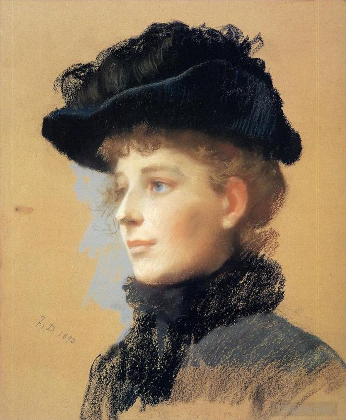 Frank Duveneck Peinture à l'huile - Portrait d'une femme au chapeau noir