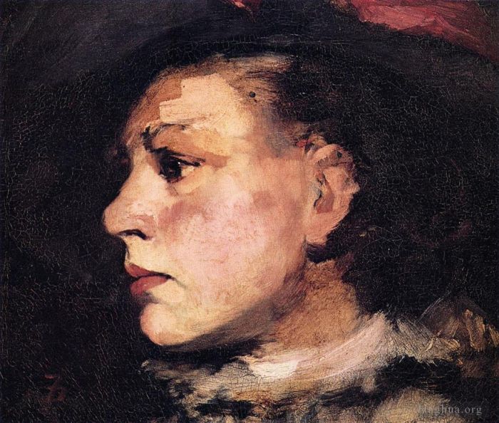 Frank Duveneck Peinture à l'huile - Profil de fille avec un chapeau