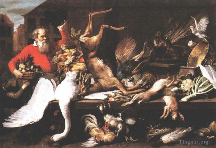Frans Snyders Peinture à l'huile - Nature morte aux fruits et légumes morts sur un marché