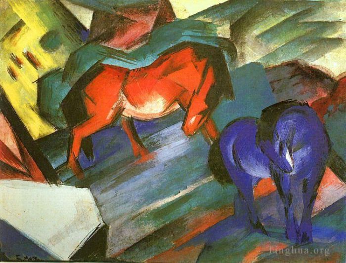 Franz Marc Peinture à l'huile - Chevaux rouges et bleus