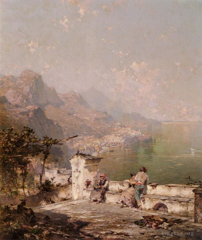 Franz Richard Unterberger Peinture à l'huile - Amalfi Le golfe de Salerne