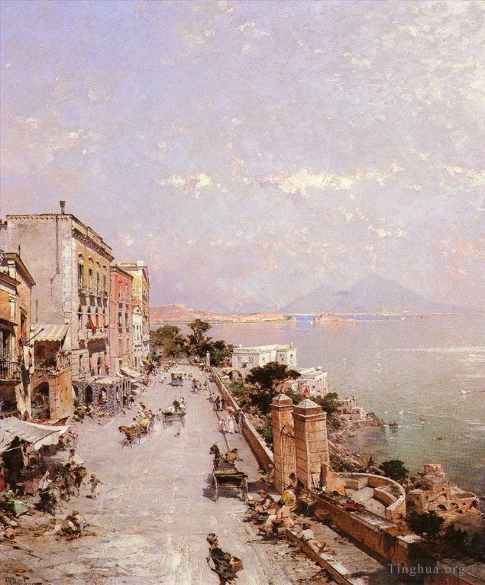 Franz Richard Unterberger Peinture à l'huile - BelgeUne vue de Posilippo Naples Venise