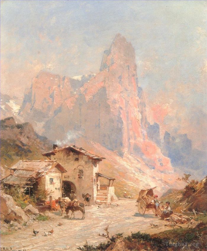 Franz Richard Unterberger Peinture à l'huile - Personnages dans un village dans les Dolomites