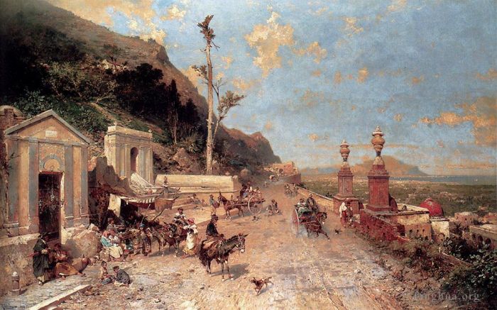 Franz Richard Unterberger Peinture à l'huile - La Strada Monreale Palerme