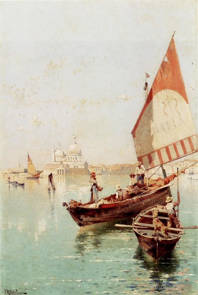 Franz Richard Unterberger Peinture à l'huile - Voilier dans une lagune vénitienne