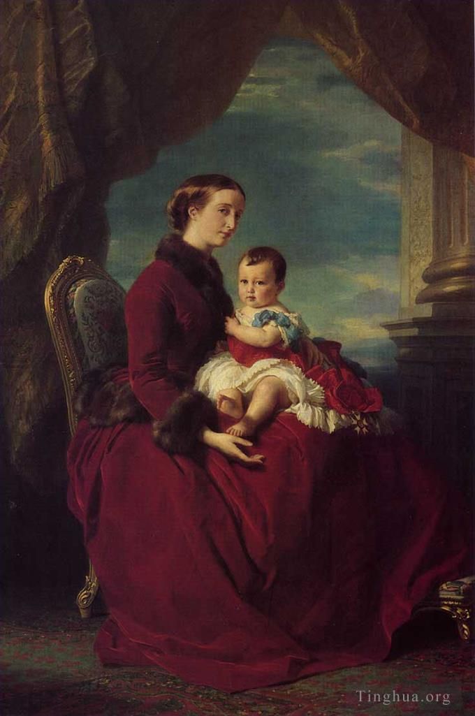 Franz Xaver Winterhalter Peinture à l'huile - L'Impératrice Eugénie tenant sur elle Louis Napoléon le Prince Impérial