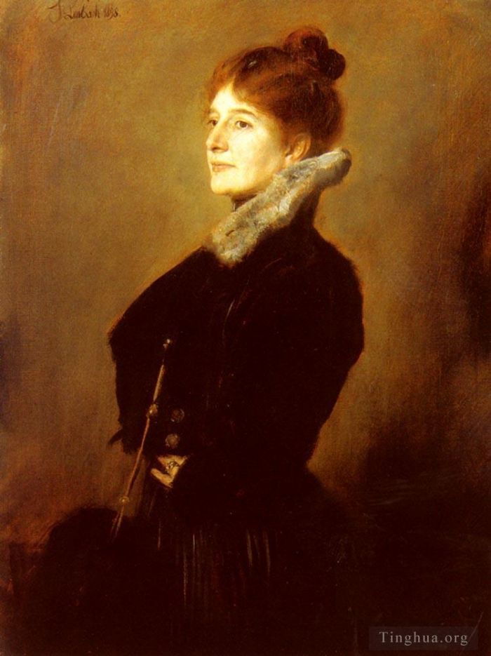 Franz von Lenbach Peinture à l'huile - Portrait d'une dame portant un manteau noir à col de fourrure