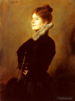 Franz von Lenbach œuvres - Portrait d'une dame portant un manteau noir à col de fourrure