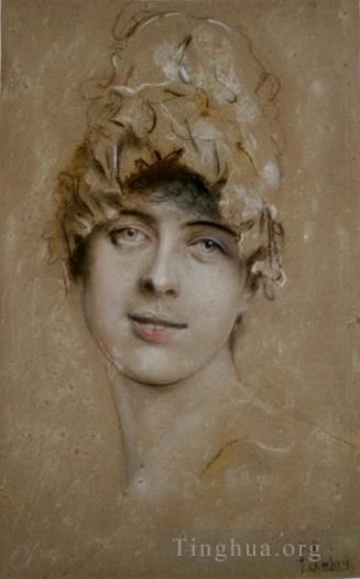 Franz von Lenbach Peinture à l'huile - Portrait d'une jeune femme