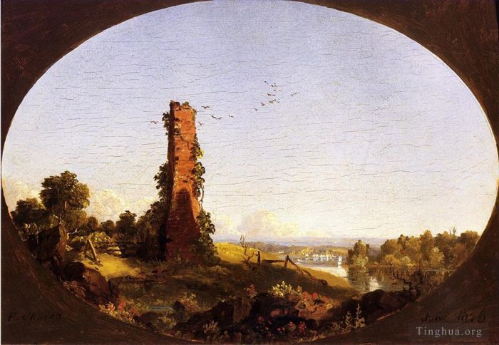Frederic Edwin Church Peinture à l'huile - Paysage de la Nouvelle-Angleterre avec cheminée en ruine