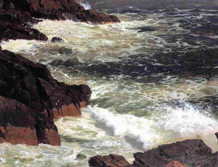 Frederic Edwin Church Peinture à l'huile - Surf rugueux sur l'île déserte du mont