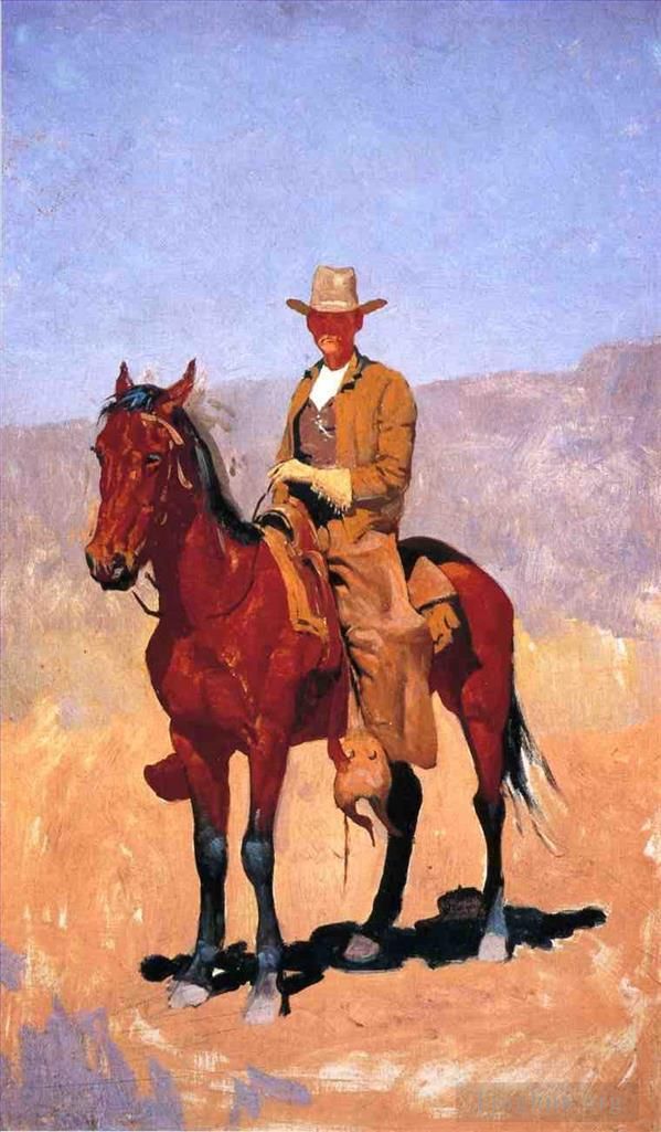Frederic Remington Peinture à l'huile - Cowboy monté en chaps avec cheval de course