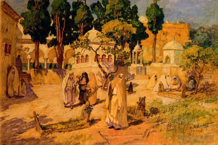 Frederick Arthur Bridgman Peinture à l'huile - Femmes arabes devant les murs de la ville