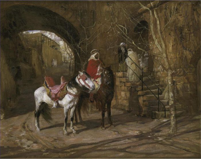 Frederick Arthur Bridgman Peinture à l'huile - Cavalier dans une cour