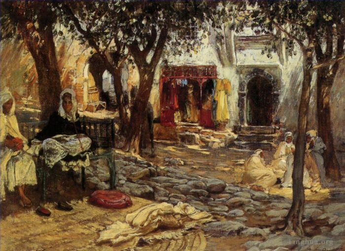 Frederick Arthur Bridgman Peinture à l'huile - Moments d'inactivité Un détail d'une cour arabe