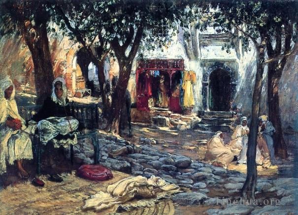 Frederick Arthur Bridgman Peinture à l'huile - Moments d'inactivité Une cour arabe