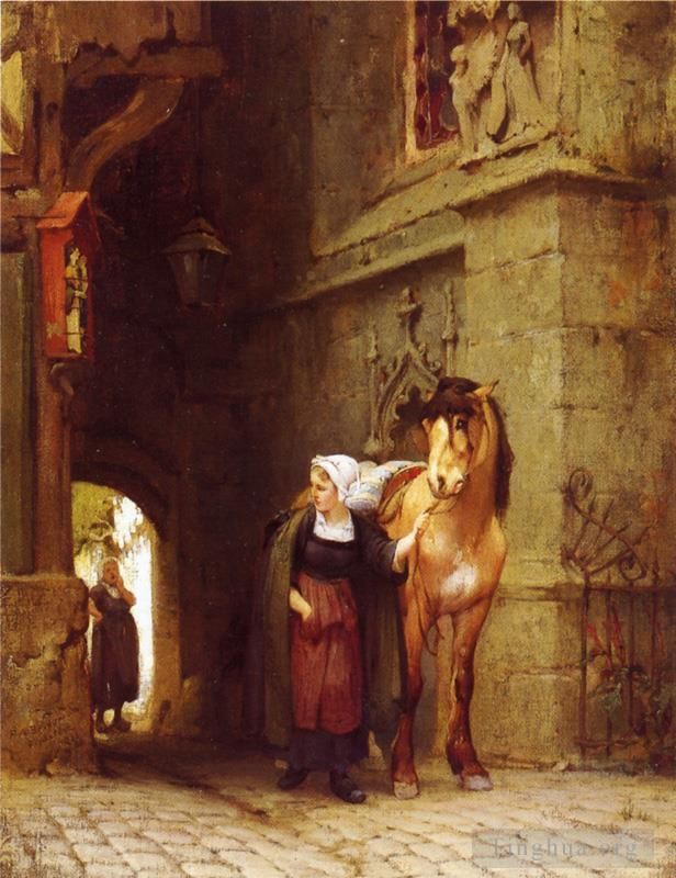 Frederick Arthur Bridgman Peinture à l'huile - Mener le cheval depuis l'écurie