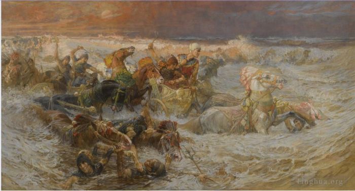 Frederick Arthur Bridgman Peinture à l'huile - Détail de l'armée du pharaon engloutie par la mer Rouge