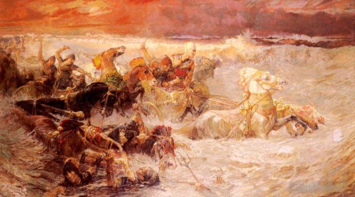 Frederick Arthur Bridgman Peinture à l'huile - L'armée du Pharaon engloutie par la mer Rouge