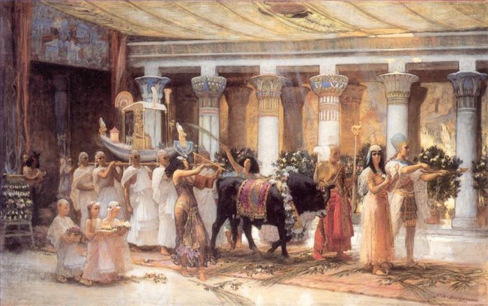 Frederick Arthur Bridgman Peinture à l'huile - La procession du taureau sacré Anubis