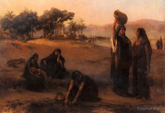 Frederick Arthur Bridgman Peinture à l'huile - Femmes puisant de l'eau du Nil