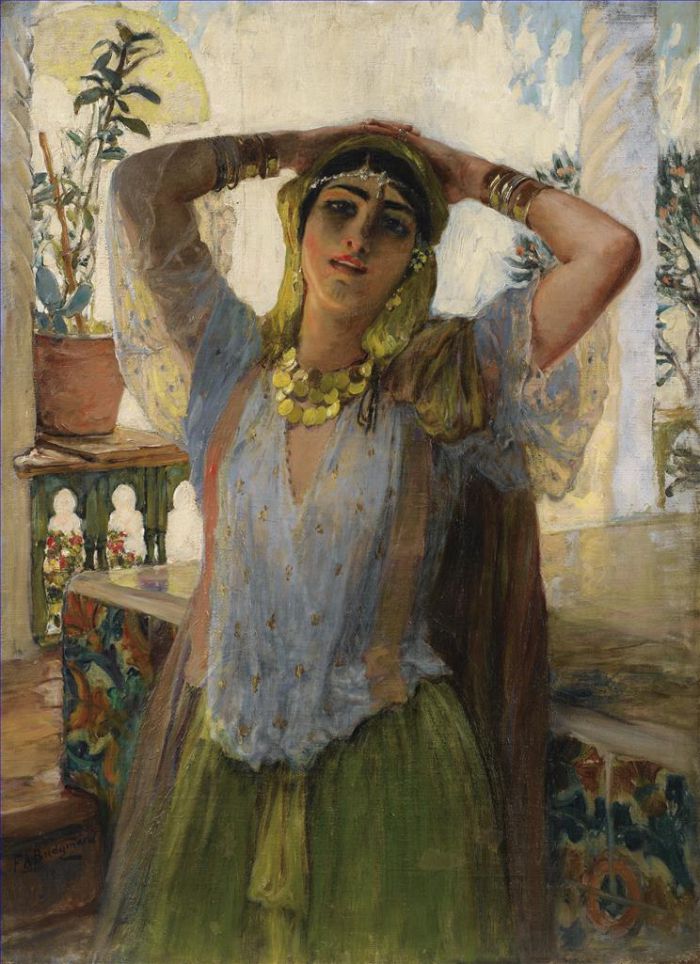 Frederick Arthur Bridgman Peinture à l'huile - JEUNE FEMME ORIENTALE SUR UNE TERRASSE