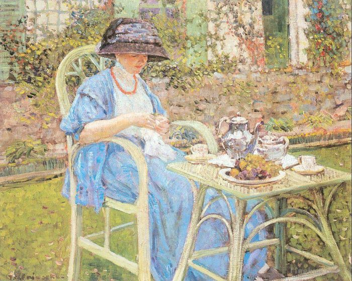 Frederick Carl Frieseke Peinture à l'huile - Petit-déjeuner dans le jardin