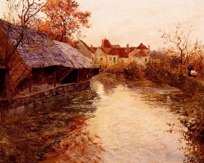 Frits Thaulow Peinture à l'huile - Une scène de rivière matinale