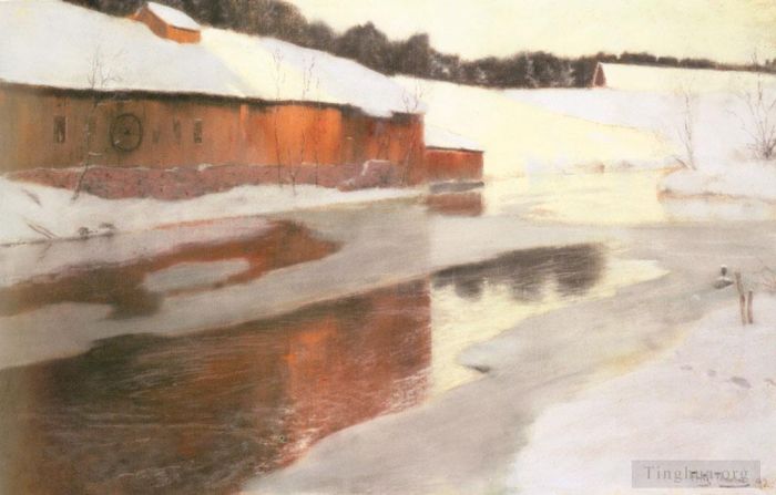 Frits Thaulow Peinture à l'huile - Un bâtiment d'usine près d'une rivière glacée en hiver