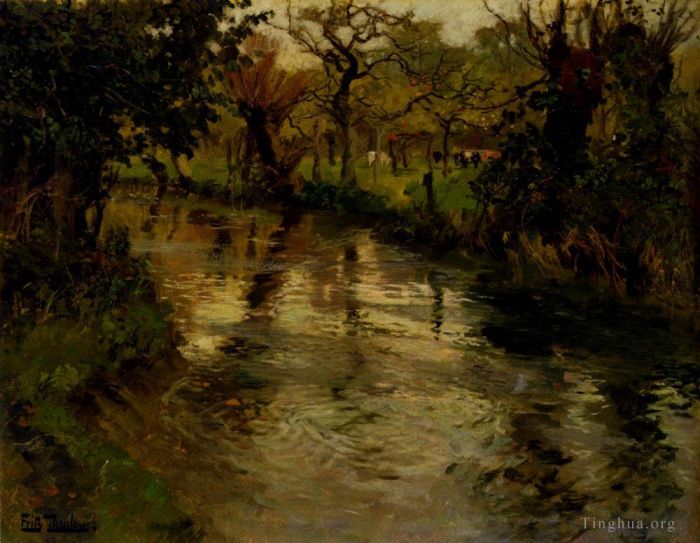 Frits Thaulow Peinture à l'huile - Scène boisée avec une rivière