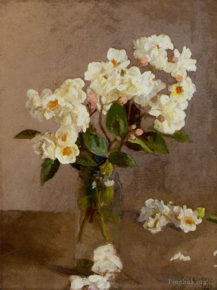 George Clausen Peinture à l'huile - Petites roses blanches