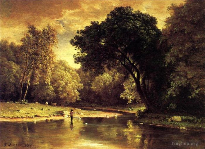George Inness Peinture à l'huile - Pêcheur dans un ruisseau