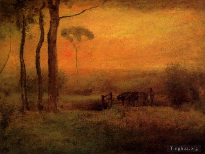 George Inness Peinture à l'huile - Paysage Pastoral Au Coucher Du Soleil