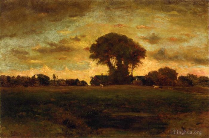 George Inness Peinture à l'huile - Coucher de soleil sur une prairie