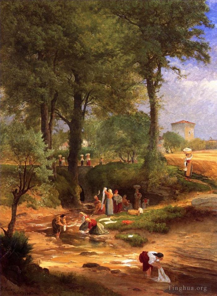 George Inness Peinture à l'huile - Journée de lessive près de Pérouse, alias les lavandières italiennes