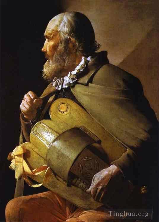 Georges de La Tour Peinture à l'huile - Joueur de vielle à roue avec un ruban ABC