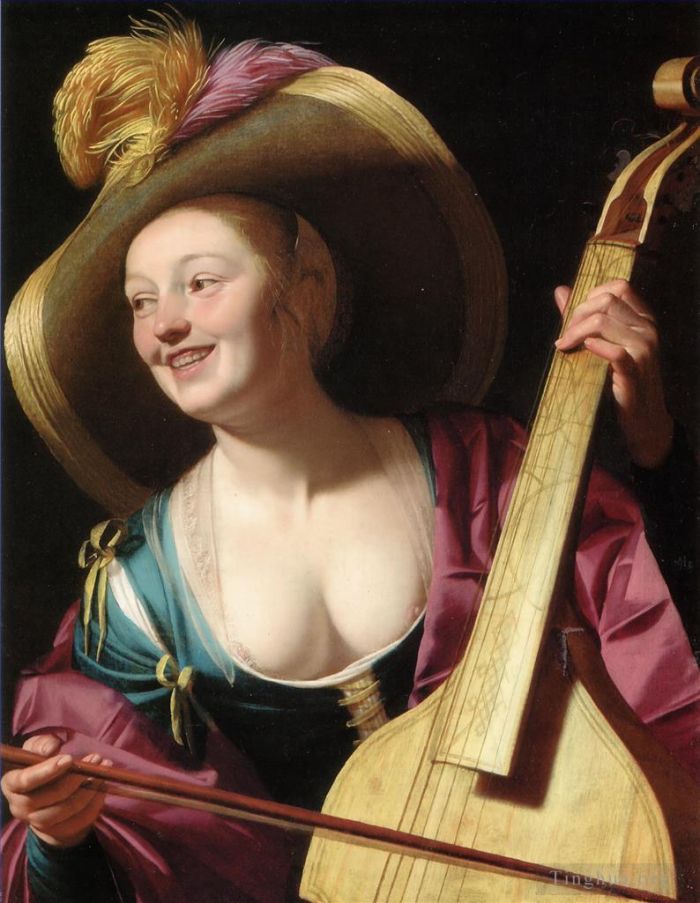 Gerard van Honthorst Peinture à l'huile - Une jeune femme jouant de la viole de gambe