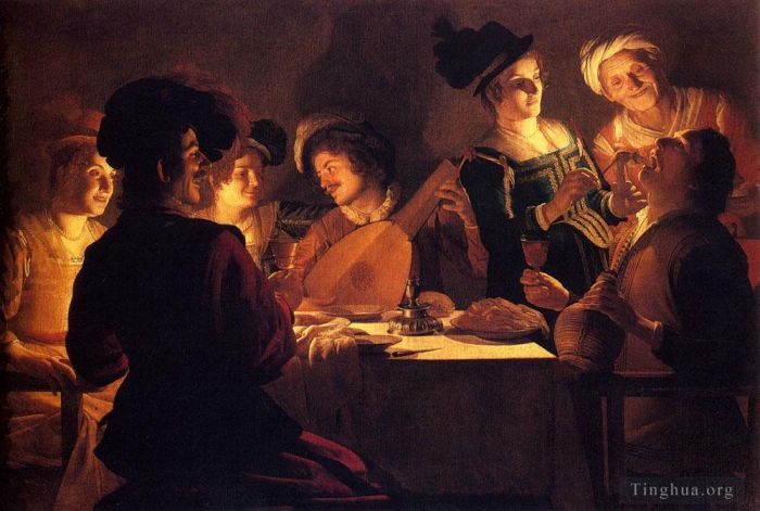Gerard van Honthorst Peinture à l'huile - Souper avec le ménestrel et son luth