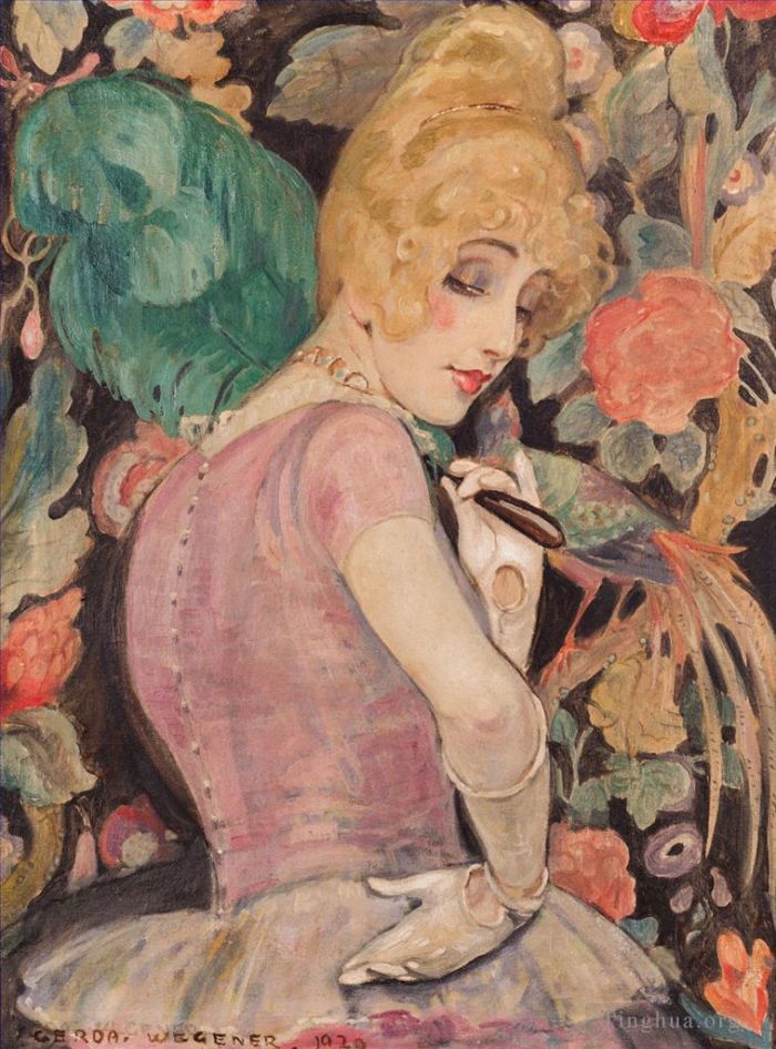 Gerda Wegener Peinture à l'huile - Lili, fille danoise, avec un éventail en plumes