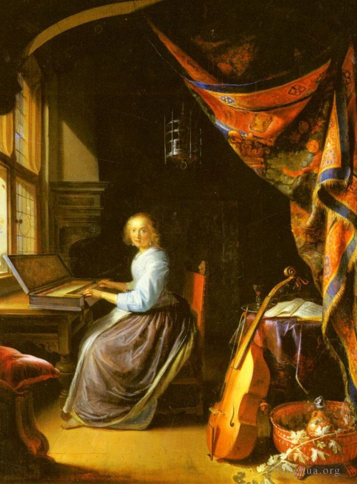 Gerrit Dou Peinture à l'huile - Une femme jouant du clavicorde