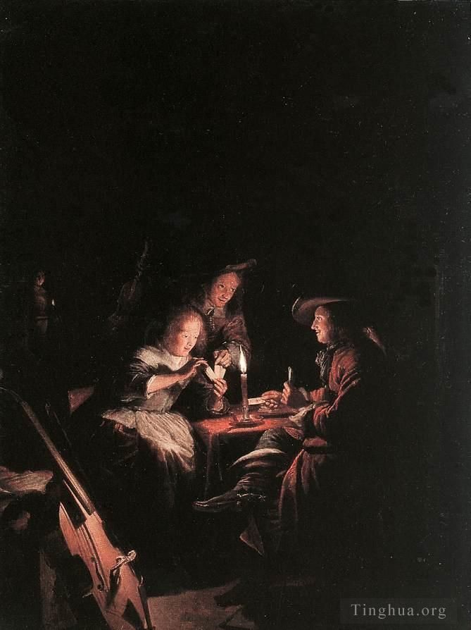 Gerrit Dou Peinture à l'huile - Joueurs de cartes à la chandelle