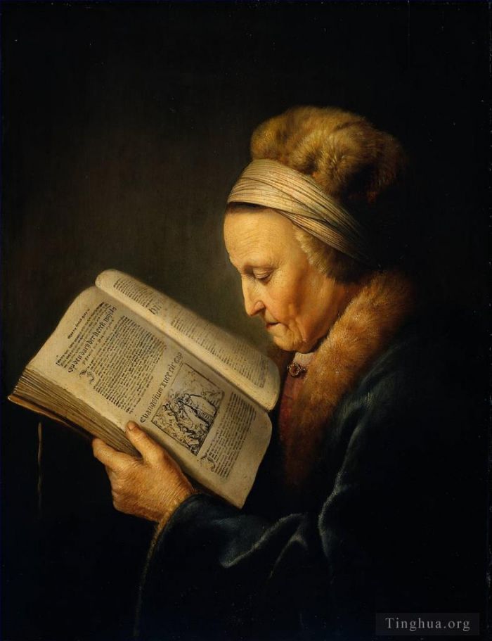 Gerrit Dou Peinture à l'huile - Vieille femme lisant un lectionnaire