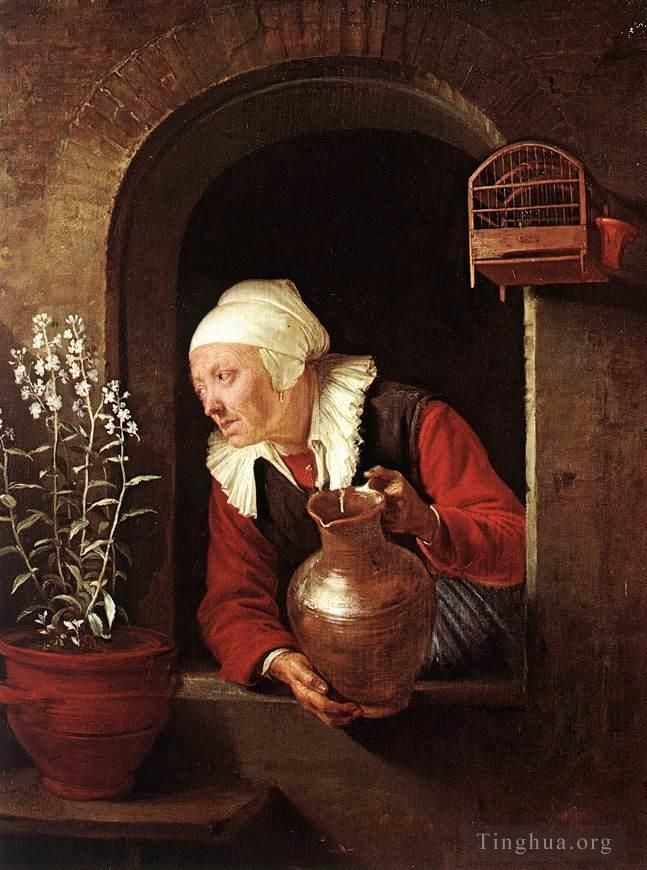 Gerrit Dou Peinture à l'huile - Vieille femme arrosant des fleurs