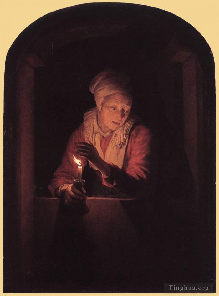 Gerrit Dou Peinture à l'huile - Vieille femme avec une bougie
