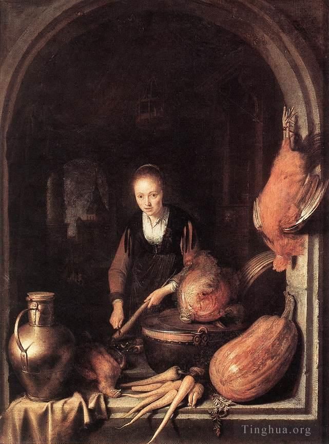Gerrit Dou Peinture à l'huile - Femme épluchant des carottes