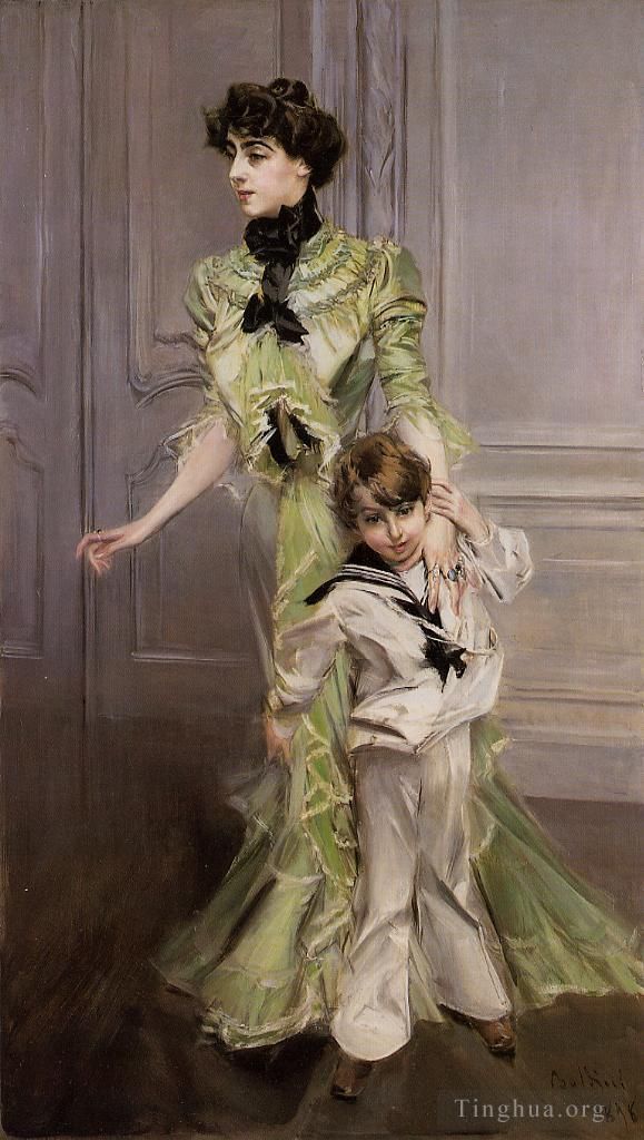 Giovanni Boldini Peinture à l'huile - Portrait de Madame Georges Hugo née Pauleen Menard Dozian et de son fils Jean