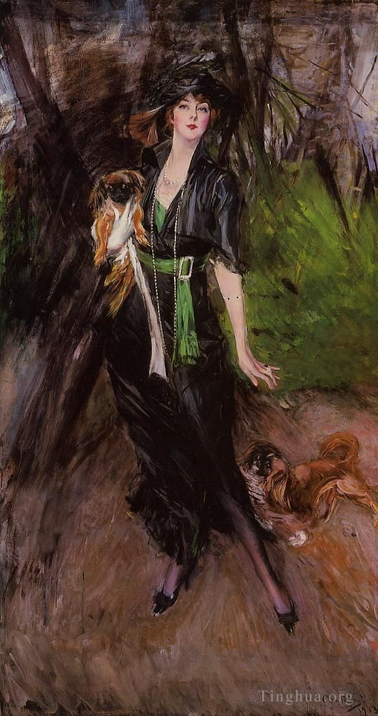 Giovanni Boldini Peinture à l'huile - Portrait d'une dame Lina Bilitis avec deux Pékinois