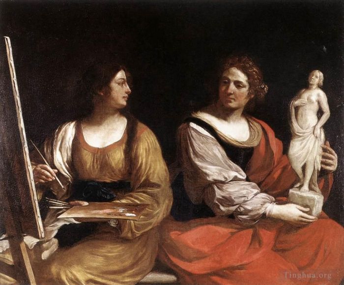 Guercino Peinture à l'huile - Allégorie de la peinture et de la sculpture