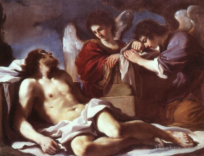 Guercino Peinture à l'huile - Anges pleurant sur le Christ mort