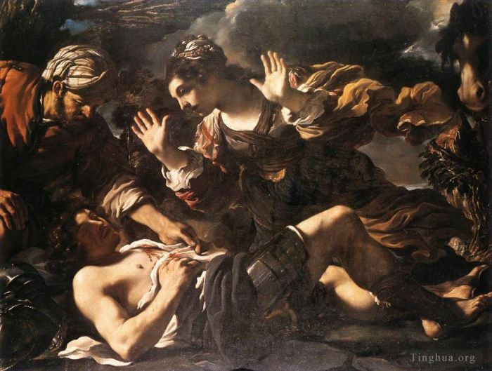 Guercino Peinture à l'huile - Ermina trouve le Tancrède blessé